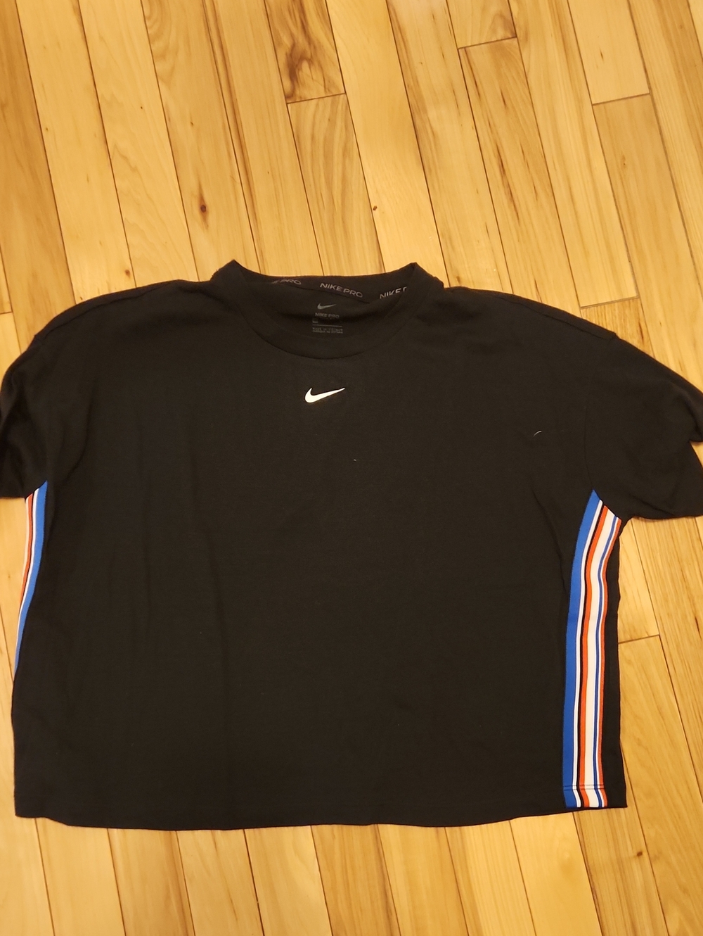 Nike Black Crop Tee with Blue, White & Orange Side Stripes